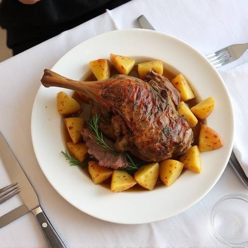 Asado de cordero en horno de le침a con patatas panaderas, visto desde arriba, mostrando una mesa familiar llena de gente