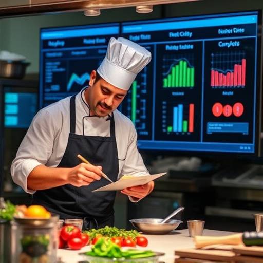 Chef analizando datos de recetas populares para mejorar el servicio
