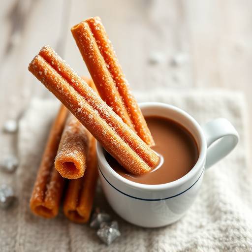 Churros con chocolate caliente en una taza, listos para mojar y disfrutar