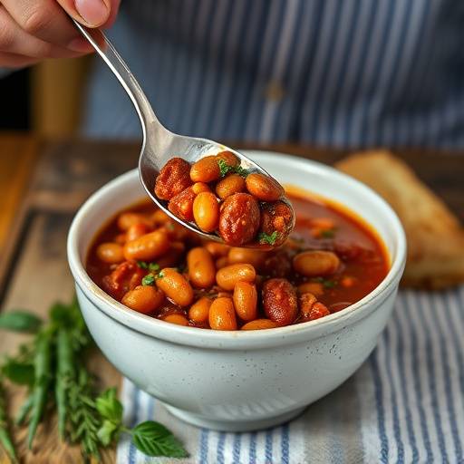 Fabada asturiana en un plato hondo, con una cuchara sacando una porci칩n, mostrando los ingredientes: fabes, chorizo, morcilla y lac칩n