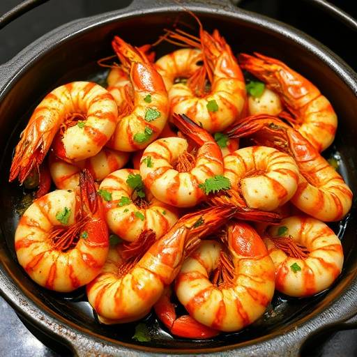 Foto de gambas al ajillo en una cazuela de barro, con aceite burbujeante y perejil fresco