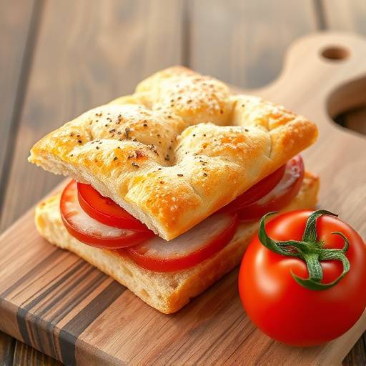 Foto de pan con tomate, con un tomate rojo y maduro a su lado, sobre una tabla de madera