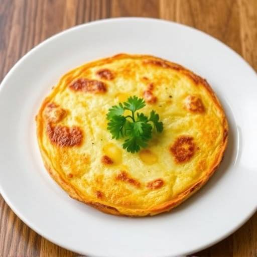 Foto de tortilla de patatas individual en un plato blanco con una ramita de perejil