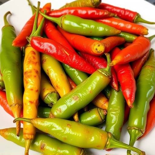Foto de un plato de pimientos de Padr&radic;&ge;n fritos, con algunos pimientos verdes y otros rojos