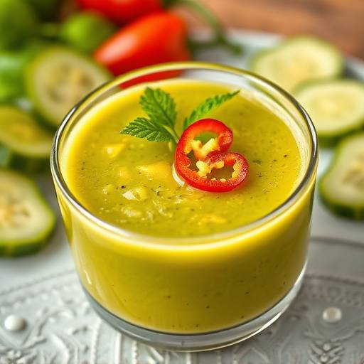 Gazpacho Andaluz servido en un vaso con trozos de pepino, pimiento y cebolla como decoraci칩n