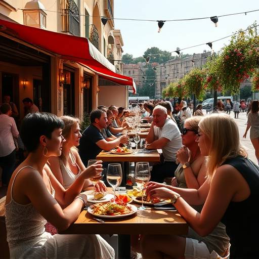 Gente reunida alrededor de una mesa en una terraza de un bar, compartiendo tapas y bebidas
