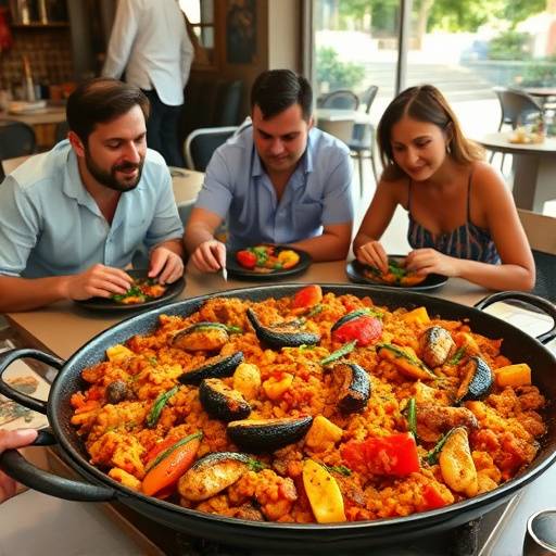 Paella valenciana servida en una paellera tradicional de hierro.
