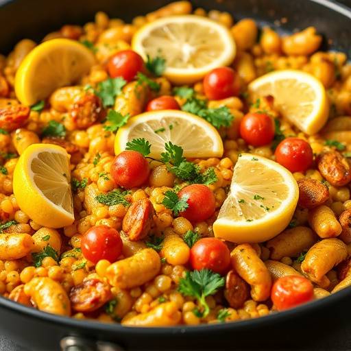 Paella Valenciana servida en una paellera con lim칩n y perejil fresco