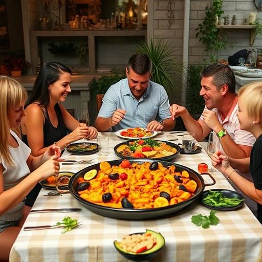 Paella Valenciana servida en una paellera tradicional, con una familia disfrutando de la comida alrededor de la mesa