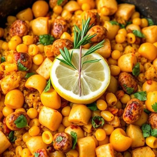 Paella Valenciana tradicional servida en una paellera, adornada con lim&radic;&ge;n y romero