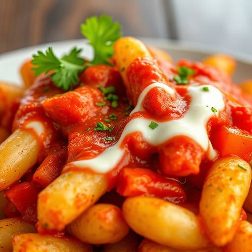 Primer plano de un plato de patatas bravas con salsa roja y mayonesa