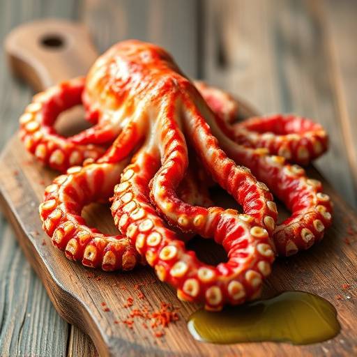 Pulpo a la gallega servido sobre una tabla de madera con piment&radic;&ge;n y aceite de oliva