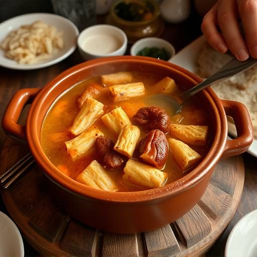 Un cocido madrile침o humeante en una olla de barro, listo para servir a una familia reunida en la mesa