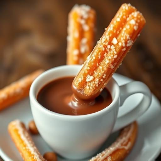 Un plato de churros con una taza de chocolate caliente para mojar