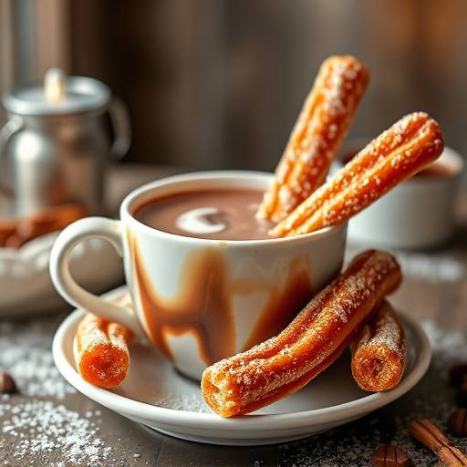 Un plato de churros reci&radic;&copy;n hechos, dorados y crujientes, servidos con una taza de chocolate caliente