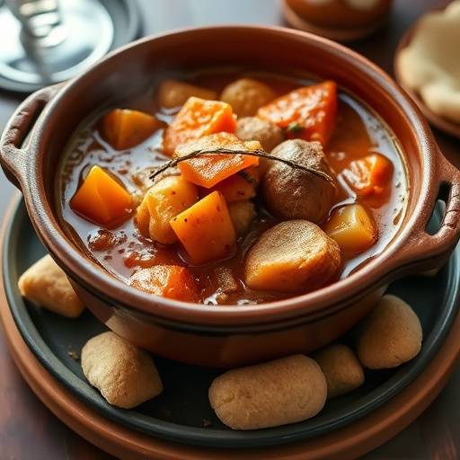 Un plato de cocido madrile침o, un guiso tradicional espa침ol, servido en un cuenco de barro