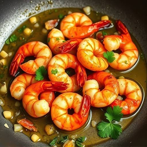 Un plato de gambas al ajillo con aceite de oliva, ajo y perejil