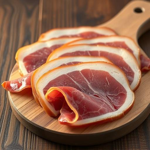 Un plato de jam&radic;&ge;n ib&radic;&copy;rico cortado en finas lonchas, presentado sobre una tabla de madera