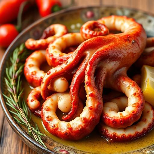 Un plato de pulpo a la gallega con rodajas de pulpo cocido, piment&radic;&ge;n y aceite de oliva
