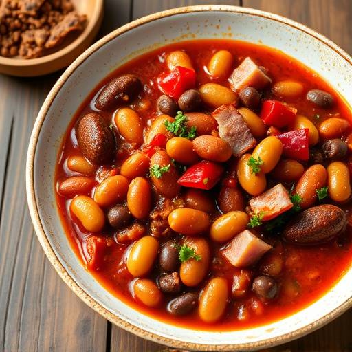 Un plato hondo de fabada asturiana con fabes (alubias), chorizo, morcilla y tocino