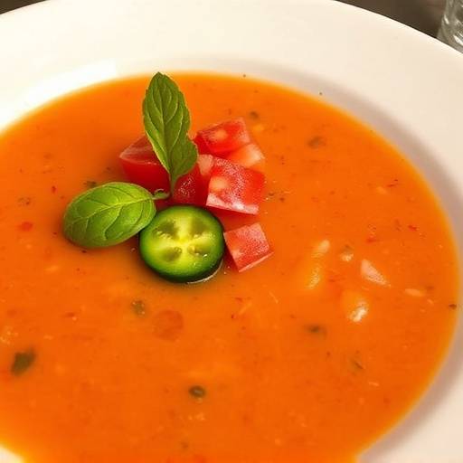 Un vaso de gazpacho andaluz con trozos de pepino, tomate y pimiento como decoraci&radic;&ge;n