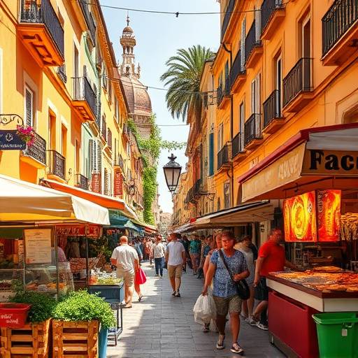 Una animada escena de un mercado callejero espa&radic;&plusmn;ol con puestos de comida y gente disfrutando