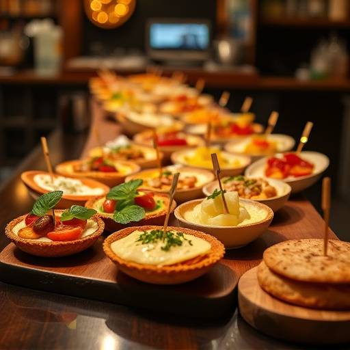 Variedad de tapas espa침olas expuestas en una barra de bar, listas para degustar